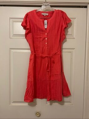 LOFT Coral Short Sleeve Tie-Waist Mini Dress